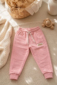 Pantaloni sport premium pentru copii din bumbac roz cu buzunare si snur reglabil - Img 3