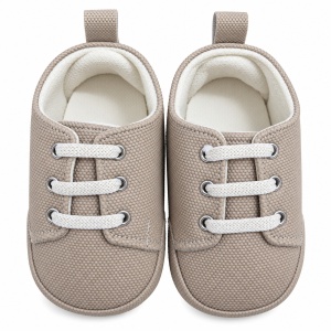 Pantofiori bebe bej din material textil cu sireturi si talpa moale - Img 4