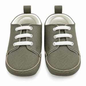 Pantofiori bebe kaki din material textil cu sireturi si talpa moale - Img 4