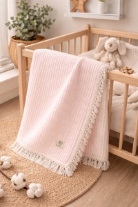 Paturica bebe 110x100 cm moale cu franjuri bumbac culoare roz