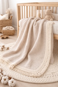 Paturica bebe 90x90 cm din muselina bumbac, crem, cu franjuri eleganti