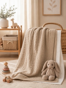 Paturica bebe tricotata bej imblanita, 85x100 cm, premium pentru sezon rece