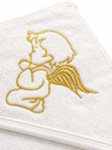 Prosop bebe cu gluga, 75x80 cm, 100% bumbac, broderie ingeras, alb ivoire - Img 4