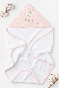Prosop bebe cu gluga 80x90 cm, alb cu roz pal, broderie ursulet cu flori - Img 2
