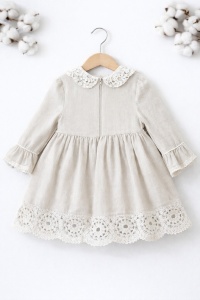 Rochie bebe fetita bej din in cu dantela si guler elegant - Img 5