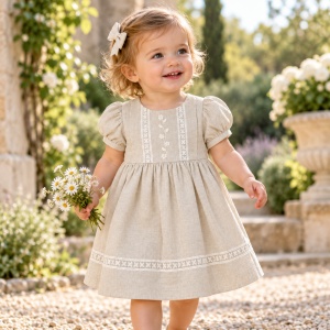 Rochie bebe fetita din in bej cu broderie florala si dantela
