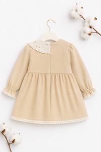 Rochie bebe fetita din muselina bej cu dantela si bentita pentru botez aniversare - Img 4