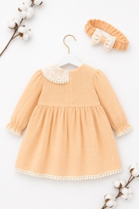 Rochie bebe fetita din muselina piersica cu dantela si bentita pentru botez aniversare - Img 4