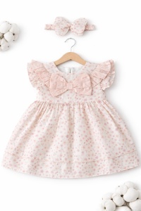 Rochie bebe fetite cu bentita, rochita roz eleganta cu fundita - Img 2
