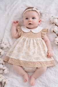 Rochita bebe eleganta cu body integrat din bumbac si dantela model floral