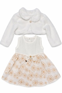 Rochita bebe fetita alba cu imprimeu floral si bolero pufos pentru ocazii speciale - Img 3