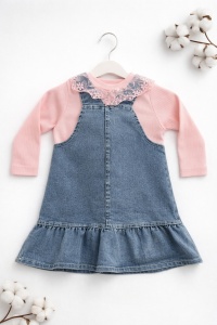 Rochita bebe fetita denim cu bluza din bumbac si aplicatie ursulet - Img 3