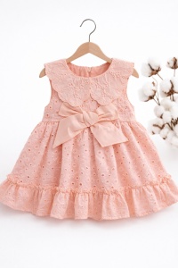 Rochita bebe fetita roz pudra din bumbac cu broderie englezeasca si fundita eleganta - Img 2