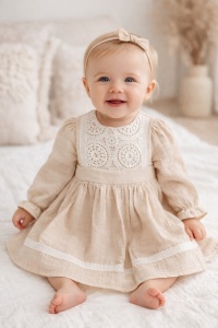 Rochita bebe fetite eleganta bej cu dantela maneca lunga din muselina