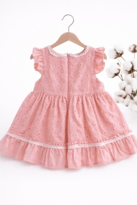 Rochita eleganta bebe fetita roz din bumbac cu broderie florala si fundita - Img 3