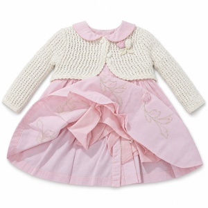 Rochita eleganta fetite din bumbac cu bolero tricotat si flori aplicate, roz - Img 3