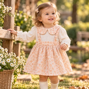 Rochita fetita din muselina cu bluza alba si imprimeu floral roz piersica