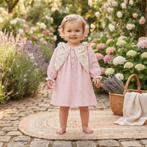 Rochita fetita roz din muselina cu guler floral si maneci lungi