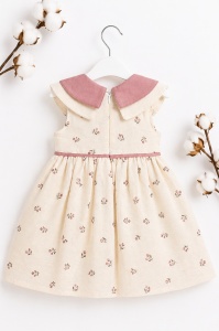 Rochita fetite crem cu imprimeu floral si guler dublu roz elegant - Img 3