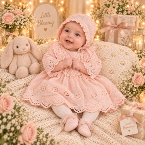 Rochita premium bebe fetita din bumbac cu broderie anglaise si boneta roz, set 4 piese