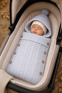Sac de dormit bebe bleu crosetat imblanit cu gluga pentru carucior scoica si landou