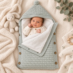 Sac de dormit bebe tricotat gri cu gluga, interior pufos si nasturi laterali