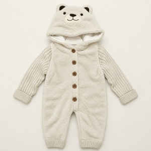 Salopeta bebe captusita cu bumbac, maneci din lana naturala, gluga ursulet, crem - Img 2