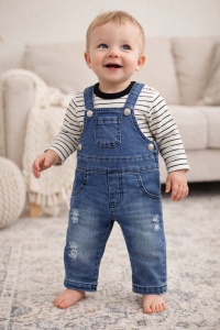 Salopeta bebe din denim cu tricou bumbac set casual copii stil modern
