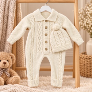 Salopeta bebe din lana naturala crem cu caciula model tricotat cu torsade - Img 2