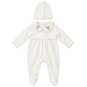 Salopeta bebe fetita din bumbac cu botosei, caciulita si guler brodat floral, crem - Img 3