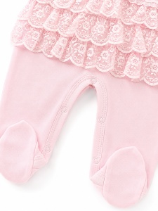 Salopeta bebe fetita roz cu volane din dantela, 100% bumbac, eleganta - Img 5