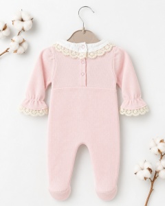 Salopeta bebe roz cu bentita, dantela eleganta si guleras din 100% bumbac - Img 3