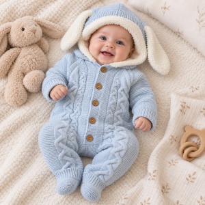 Salopeta bebe tricotata imblanita bleu cu gluga si urechiuse