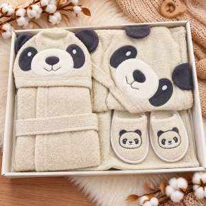 Set baie bebe 3 piese, halat cu gluga panda, prosop si papuci, crem Panda - Img 6