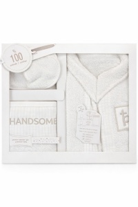 Set baie bebe 5 piese alb ivory halat prosop papuci premium - Img 2