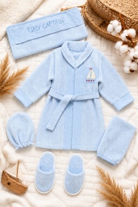 Set baie bebe 5 piese, halat cu gluga, prosop, manusa si papuci, albastru, Tiny Captain