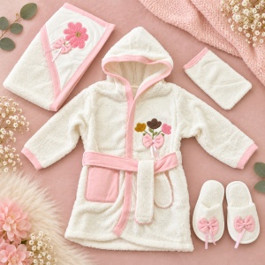 Set baie bebe fetita 4 piese din bumbac, halat cu gluga, prosop, manusa si papuci, flori, alb-roz - Img 2