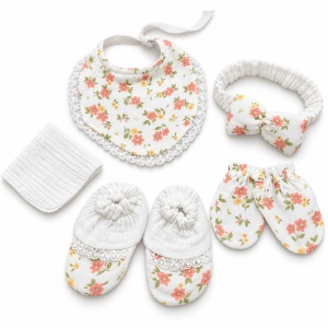 Set bebe 10 piese din muselina, imprimeu floral, alb cu roz, bluzita, salopeta, pantaloni, accesorii - Img 5