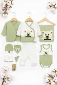 Set bebe 10 piese ursulet verde body pantaloni paturica caciulita cadou, fotografie de produs pe fundal alb