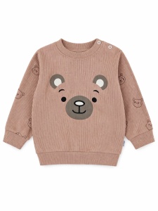 Set bebe 2 piese bumbac ribat maro cu ursulet, bluza pantaloni nou nascut - Img 5