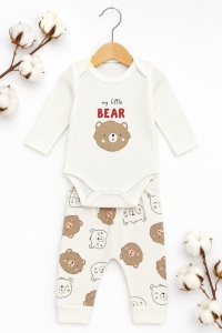 Set bebe 2 piese din bumbac alb body si pantaloni my little bear - Img 2