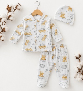 Set bebe 3 piese bumbac ribat cu ursuleti, bluza pantaloni caciulita - Img 2
