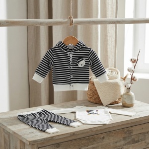 Set bebe 3 piese din bumbac alb-negru cu hanorac cu gluga, body si pantaloni - Img 4