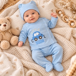 Set bebe 3 piese din bumbac cu bluza, pantaloni cu botosei si caciulita bleu