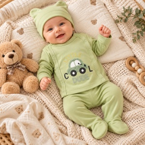 Set bebe 3 piese din bumbac cu bluza, pantaloni cu botosei si caciulita, verde