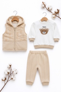 Set bebe 3 piese din bumbac cu vesta groasa, bluza si pantaloni crem pentru fetite - Img 2