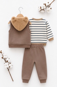 Set bebe 3 piese maro din bumbac cu bluza, vesta cu gluga si pantaloni pentru bebelusi - Img 3