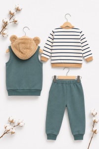 Set bebe 3 piese verde din bumbac cu bluza, vesta cu gluga si pantaloni pentru bebelusi - Img 5