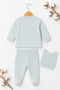 Set bebe 3 piese verde mentă din bumbac cu bluza pantalon si caciulita catelus - Img 4