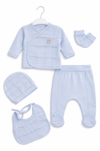 Set bebe 5 piese albastru pastel bumbac bluza pantaloni caciula bavetica - Img 2